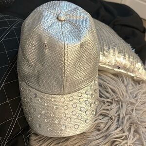 BING Glam baseball ladies Rhinestone & silver straw hat adjustable glam ladies